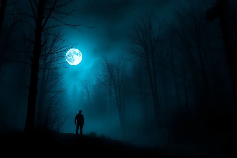 Pessoa solitária na beira de uma floresta enevoada sob a luz da lua cheia, simbolizando o medo e mistério humano.