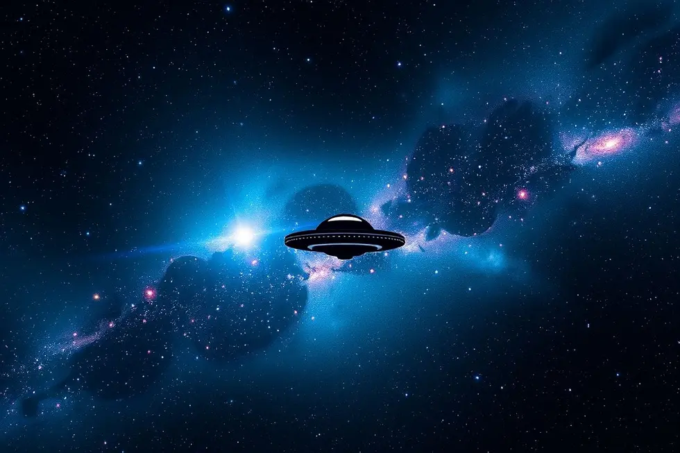 UFO sobre uma galáxia cheia de estrelas.