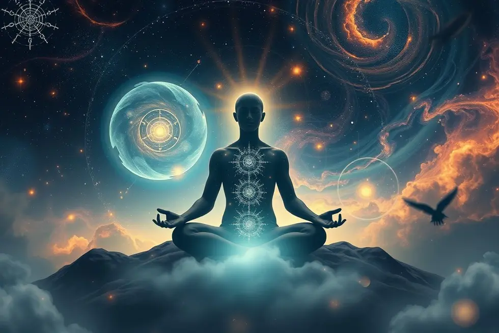Pessoa meditativa rodeada por luzes e símbolos etéreos representando conexão espiritual profunda.