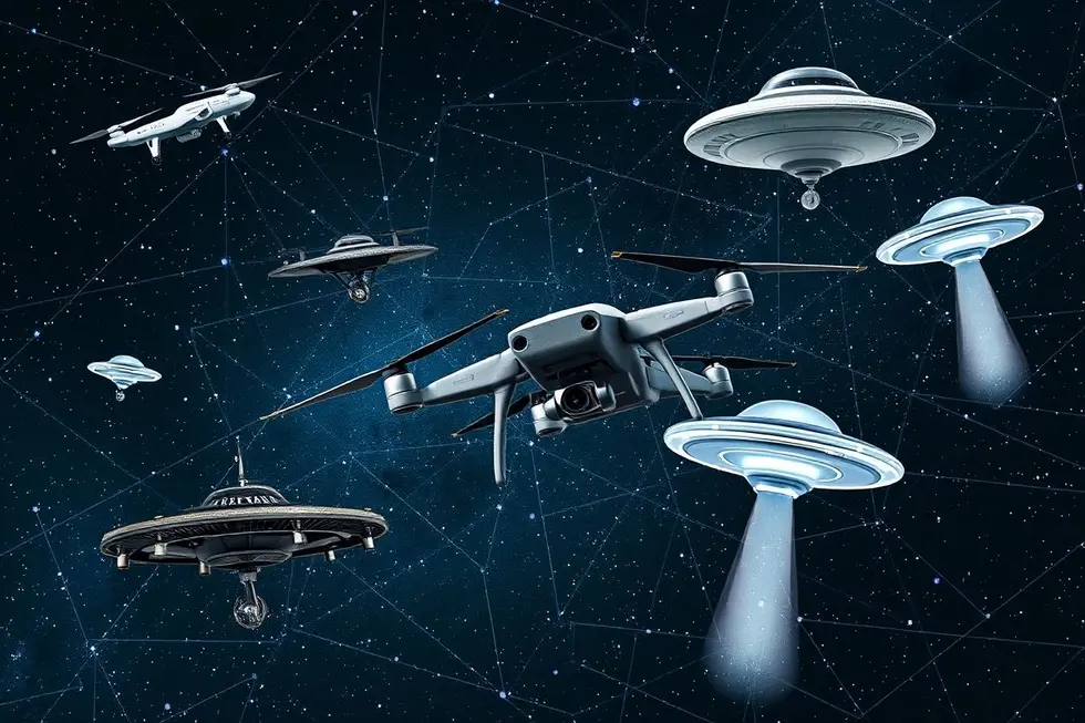 Drones e OVNIs sob um céu estrelado.