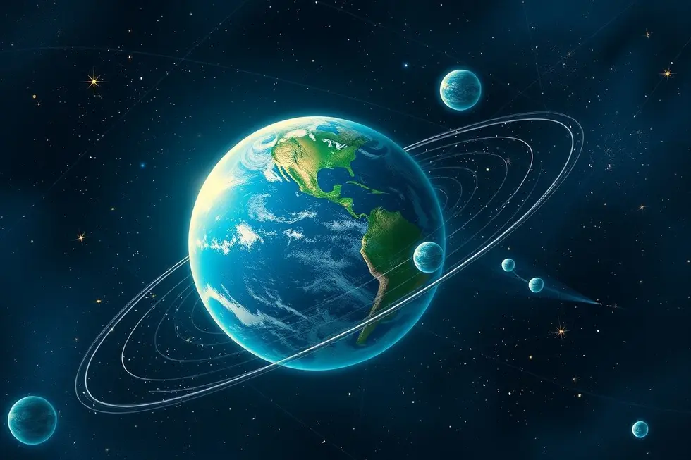 Ilustração artística da Terra com minimoons orbitando ao seu redor.
