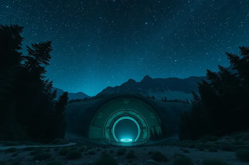 Entrada misteriosa de base alienígena subterrânea em área natural com luzes e céu estrelado.