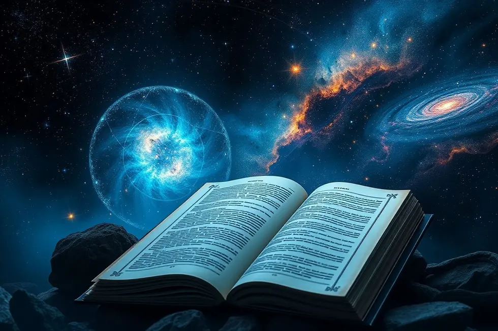 Imagem dos mistérios do universo com um livro aberto.