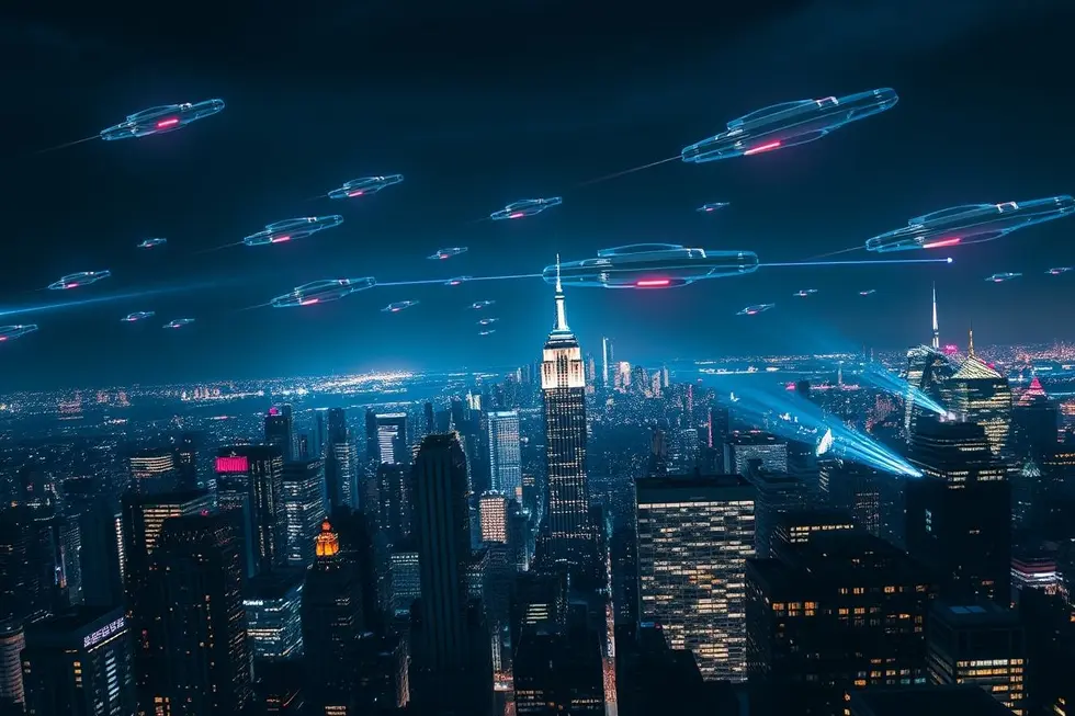Imagem panorâmica ultra-realista da cidade de Nova York à noite com vários OVNIs brilhantes cruzando o céu.