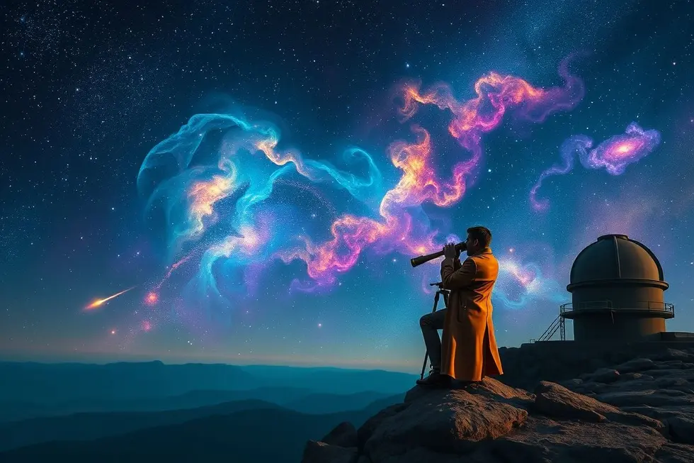 Astrônomo observando o céu noturno, simbolizando a busca pelo conhecimento.