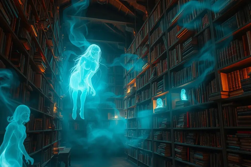 Biblioteca cheia de livros sobrenaturais com uma aura fantasmagórica.