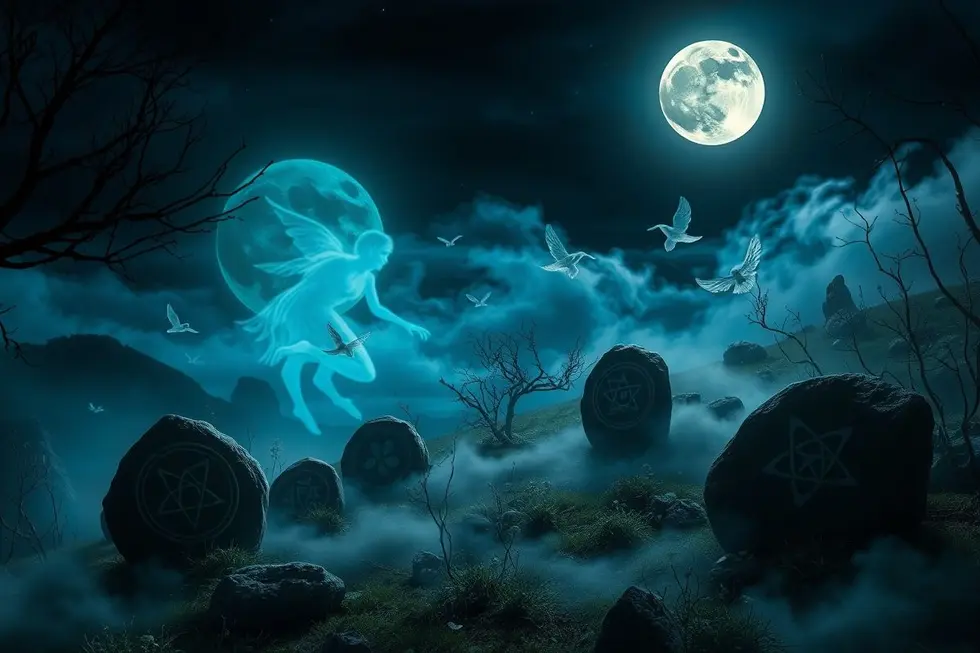 Paisagem mística iluminada pela lua com seres etéreos.